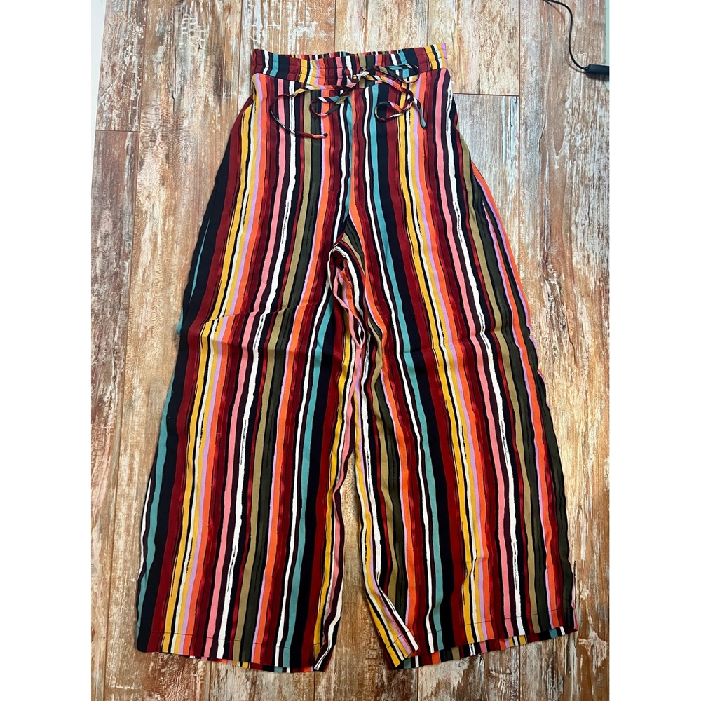 Free People Multi Color Striped Wide Leg Pants Elastic Waist Boho Medium